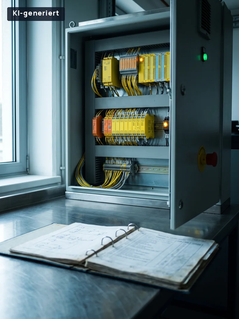 Sicherheitsdokumentation vor einem Schaltschrank, KI-generiertes Bild